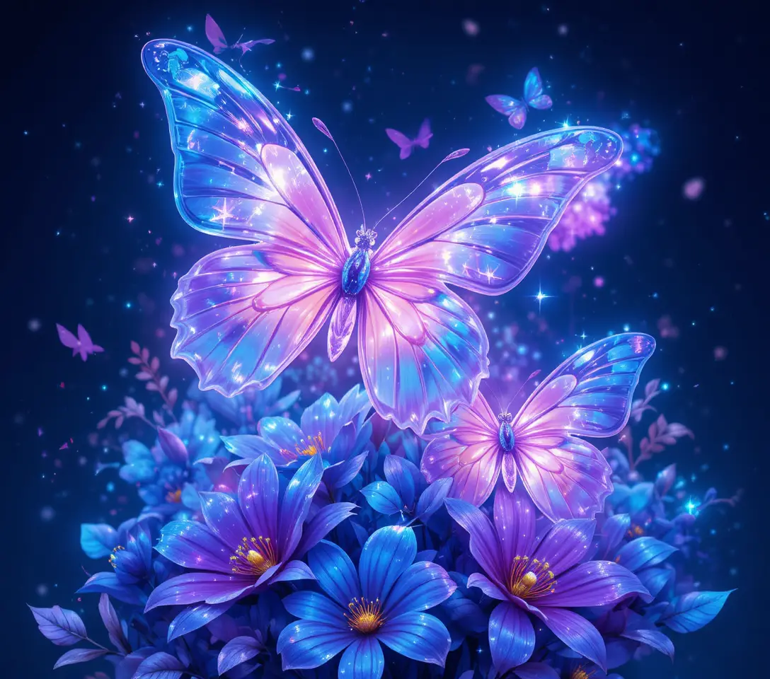 Mariposas brillantes sobre flores de neón azules y moradas
