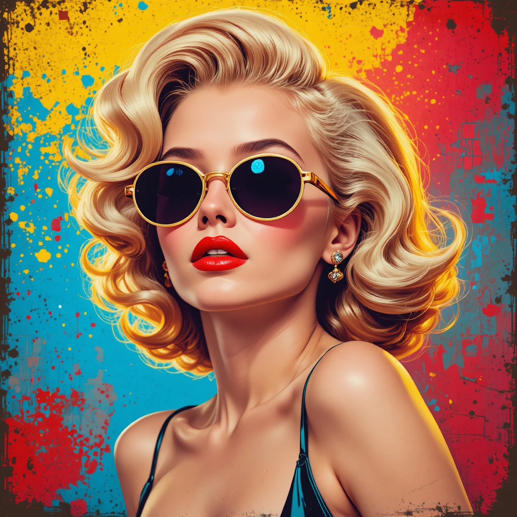 Mujer rubia de arte pop con gafas de sol y fondo abstracto colorido