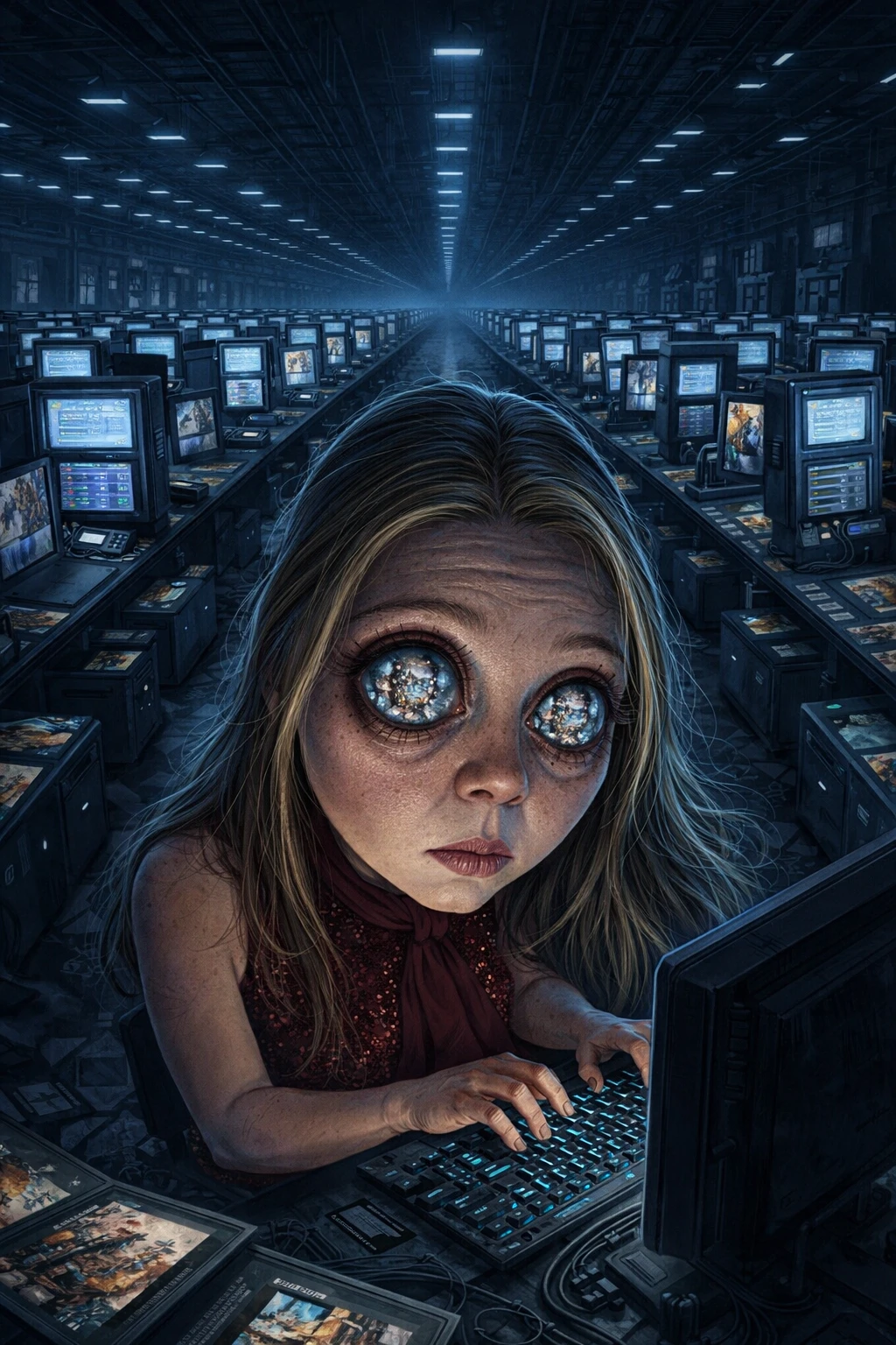 Female AI artist in vast warehouse of glowing terminals