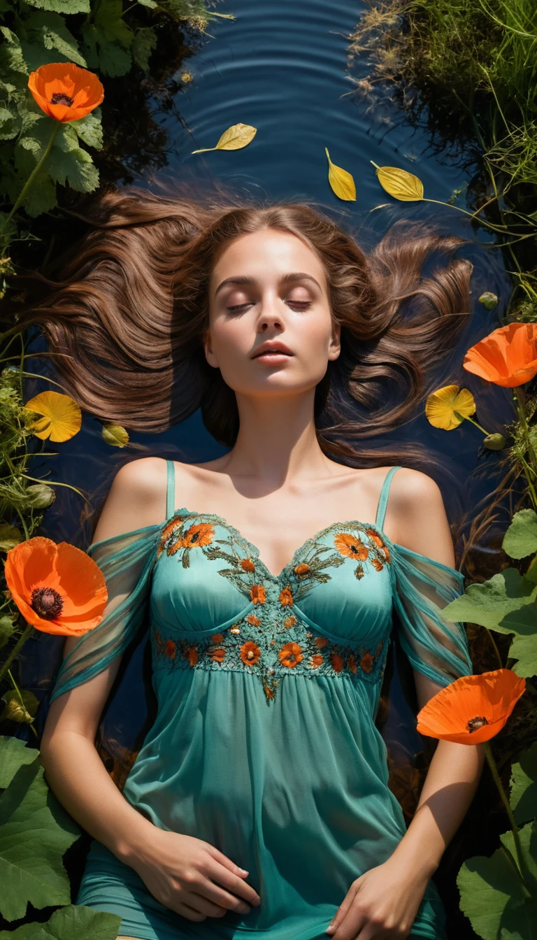 Young woman sleeping in a flower filled forest pond