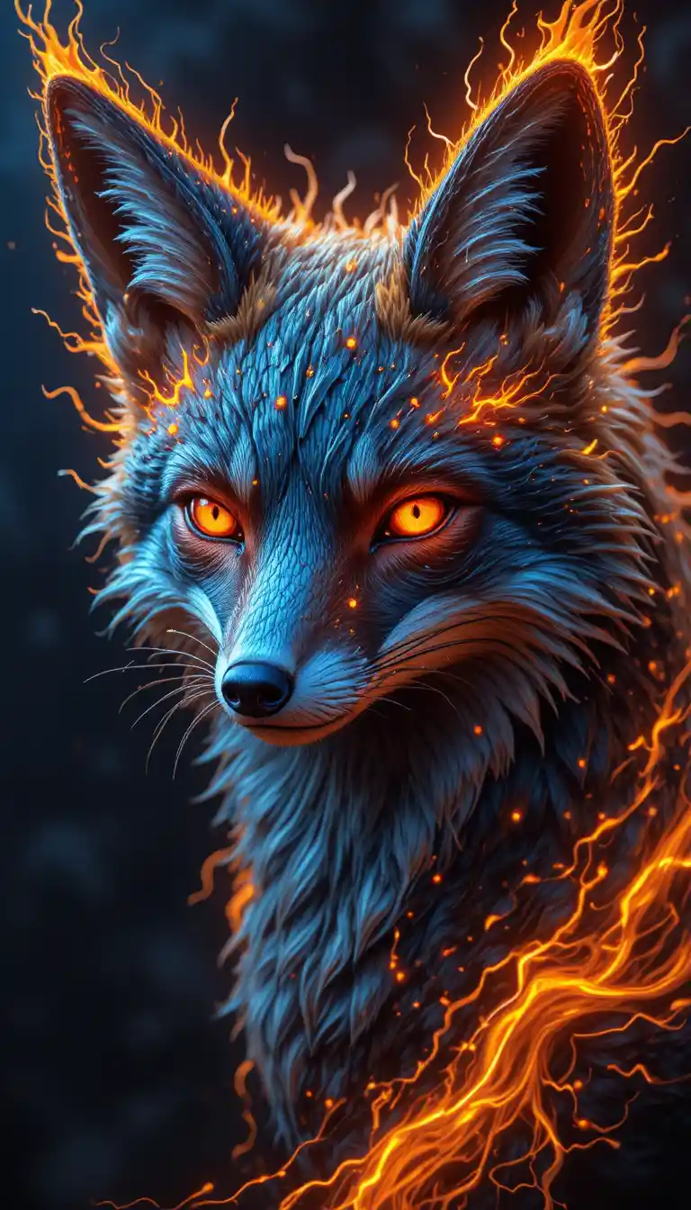 Fox portrait with glowing amber eyes in dark void