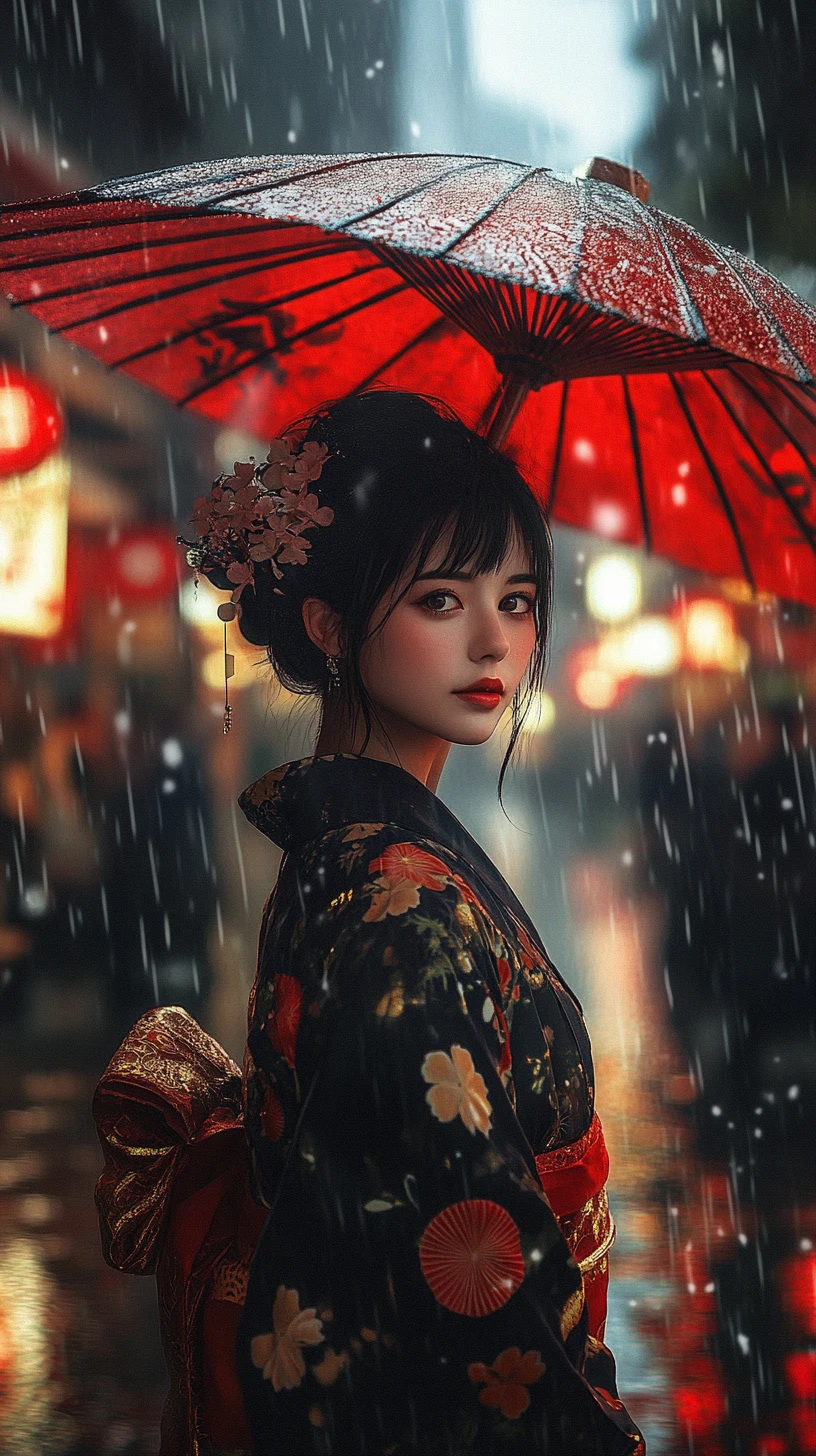 雨中日本街道上微笑的和服年輕女子