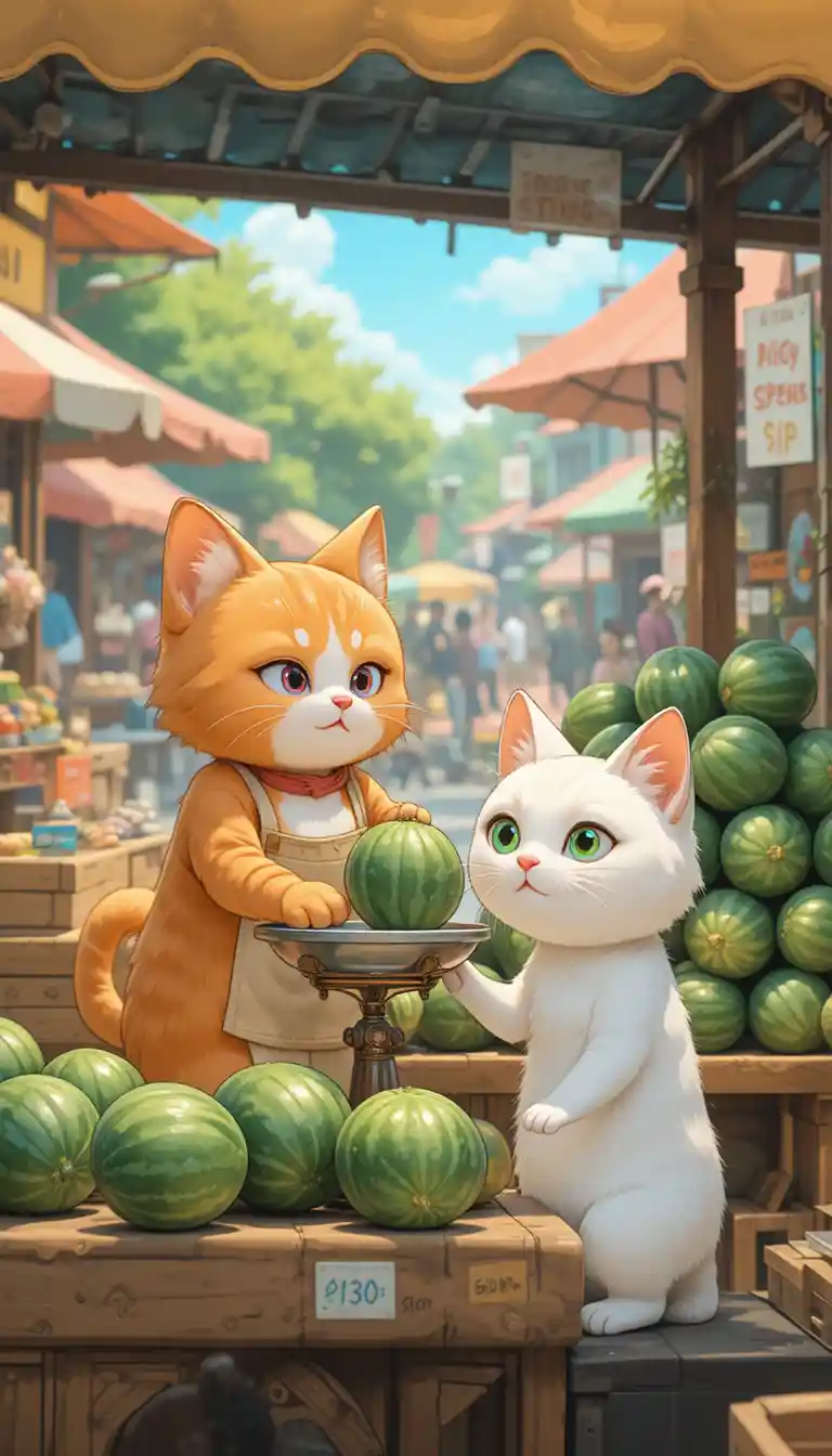 Cute orange cat vendor at a sunny street watermelon stall