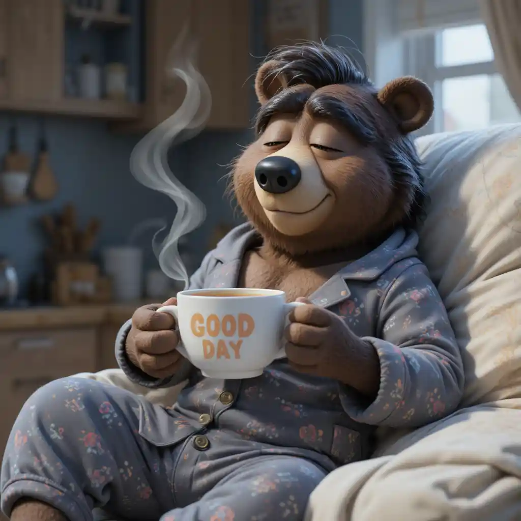 Schläfriger Bär im Pyjama mit Kaffee in gemütlicher Küche
