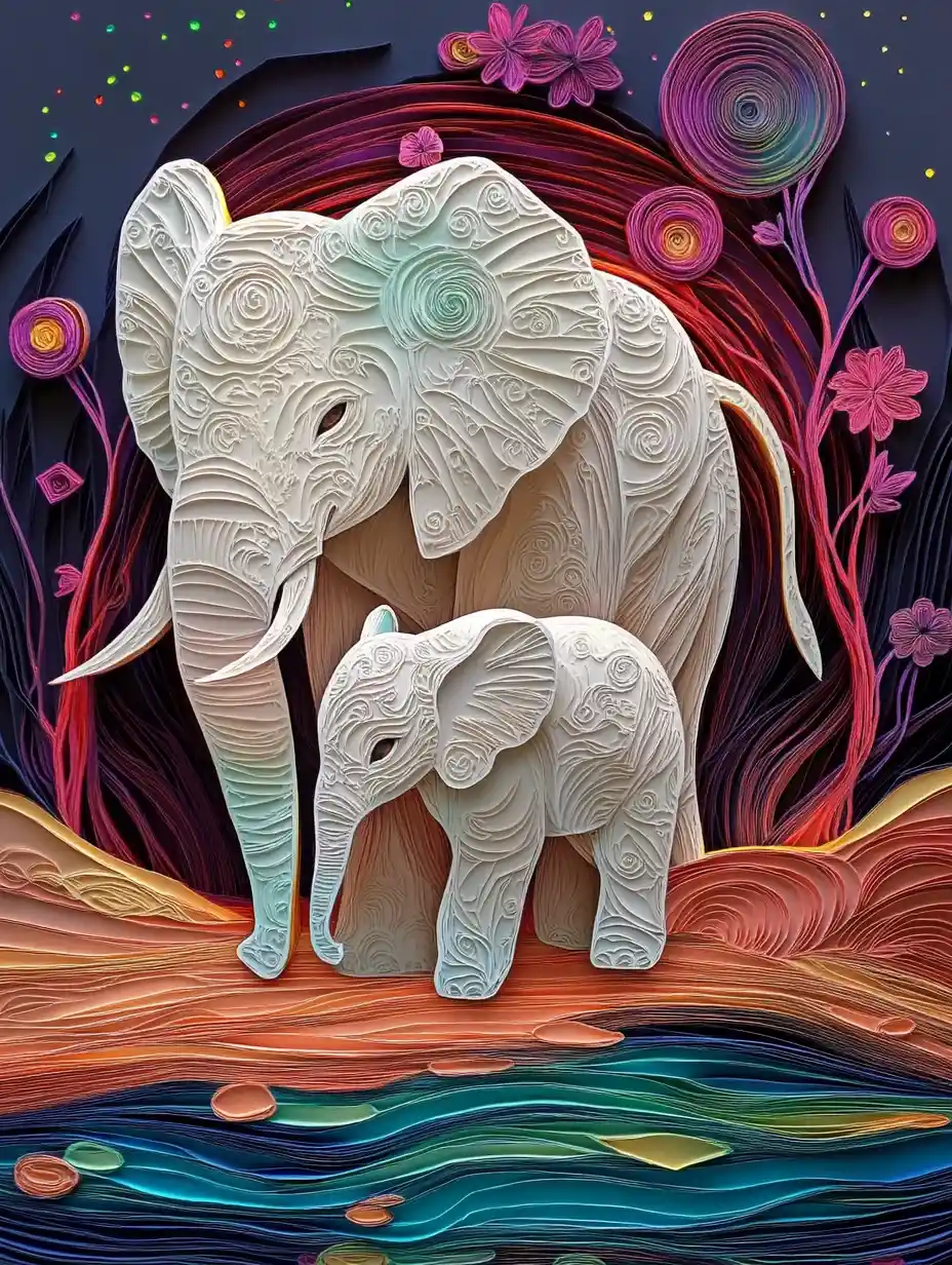 Mother Elephant Sheltering Newborn Calf In Papercraft Dreamscape