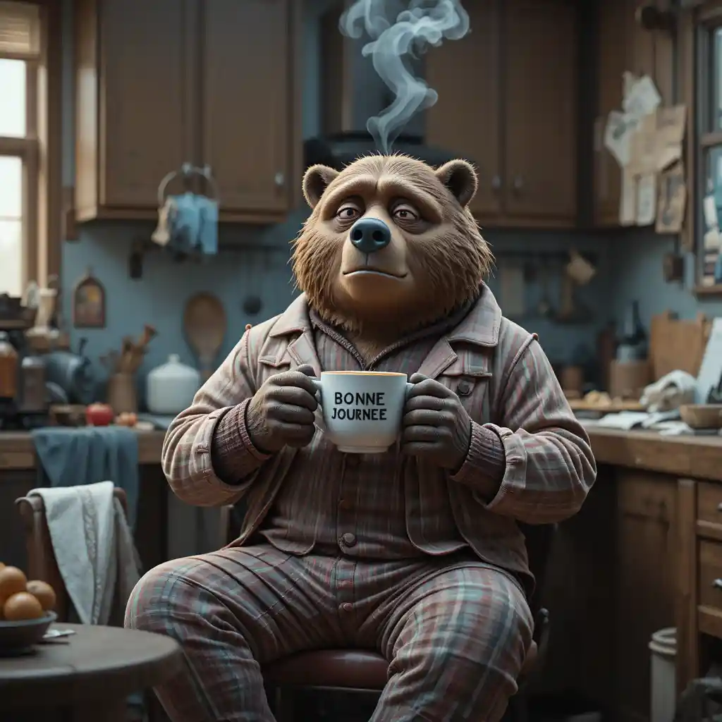 Sleepy 3D bear in pajamas in a messy kitchen