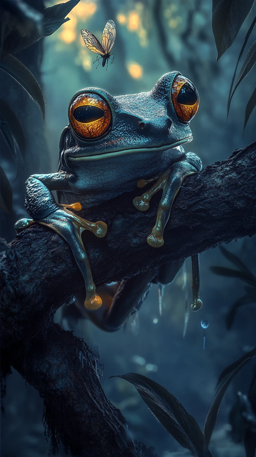 Sapo arborícola de fantasia sombria com olhos âmbar brilhantes à noite