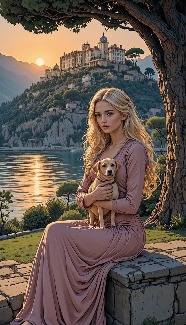 Young woman with dog under a birch tree at dusk