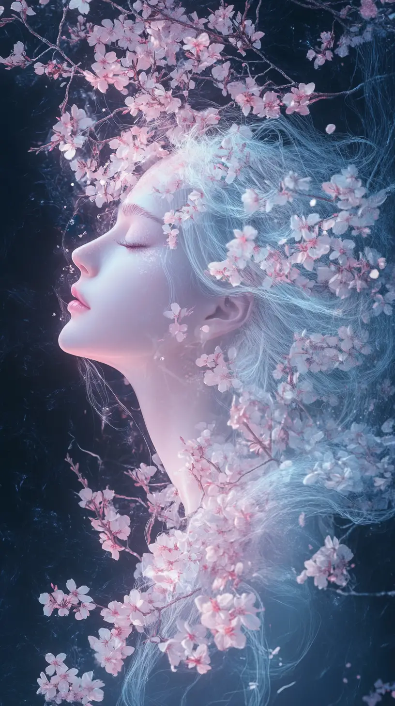 Ethereal Woman In Cherry Blossoms On Dark Background