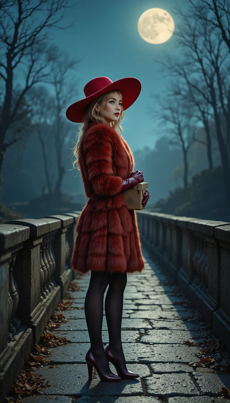 Elegant woman in fox fur by moonlit stone bridge