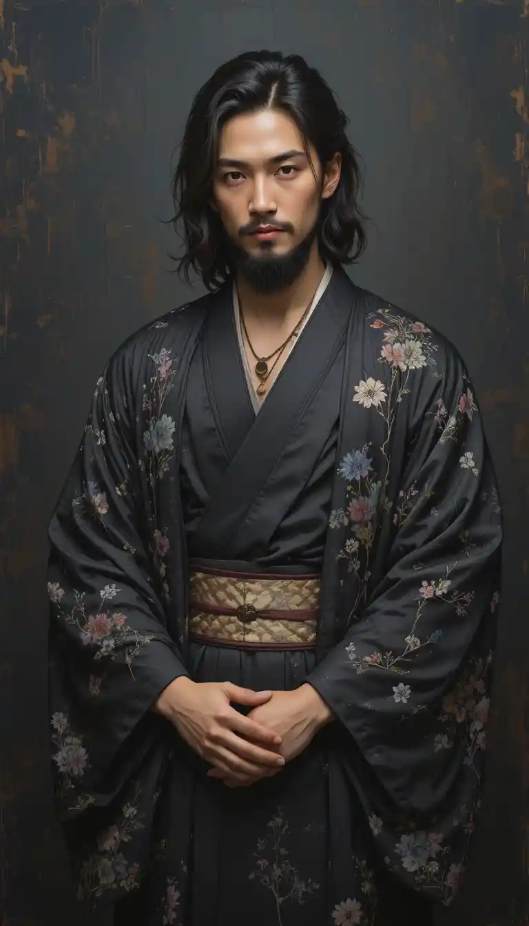 Hombre con kimono negro frente a un fondo oscuro y texturizado