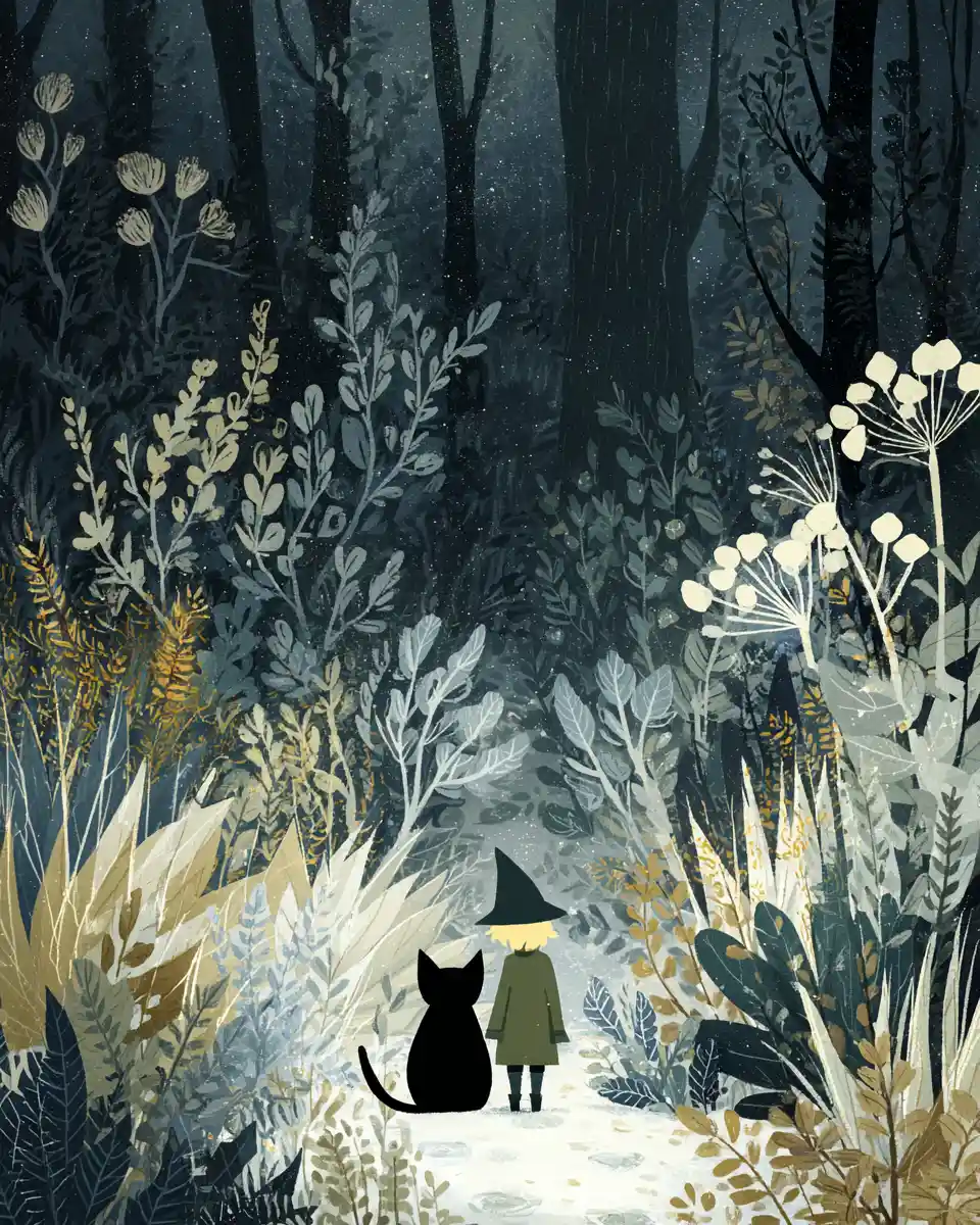 Quiet night forest with black cat and young wizard