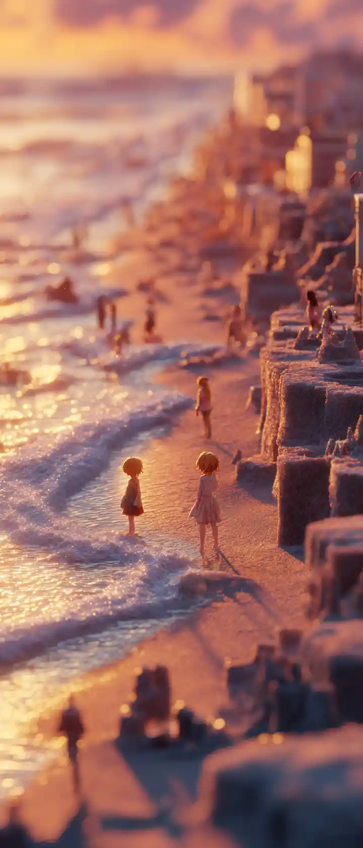 Anime girls building sandcastles on a serene beach sunset