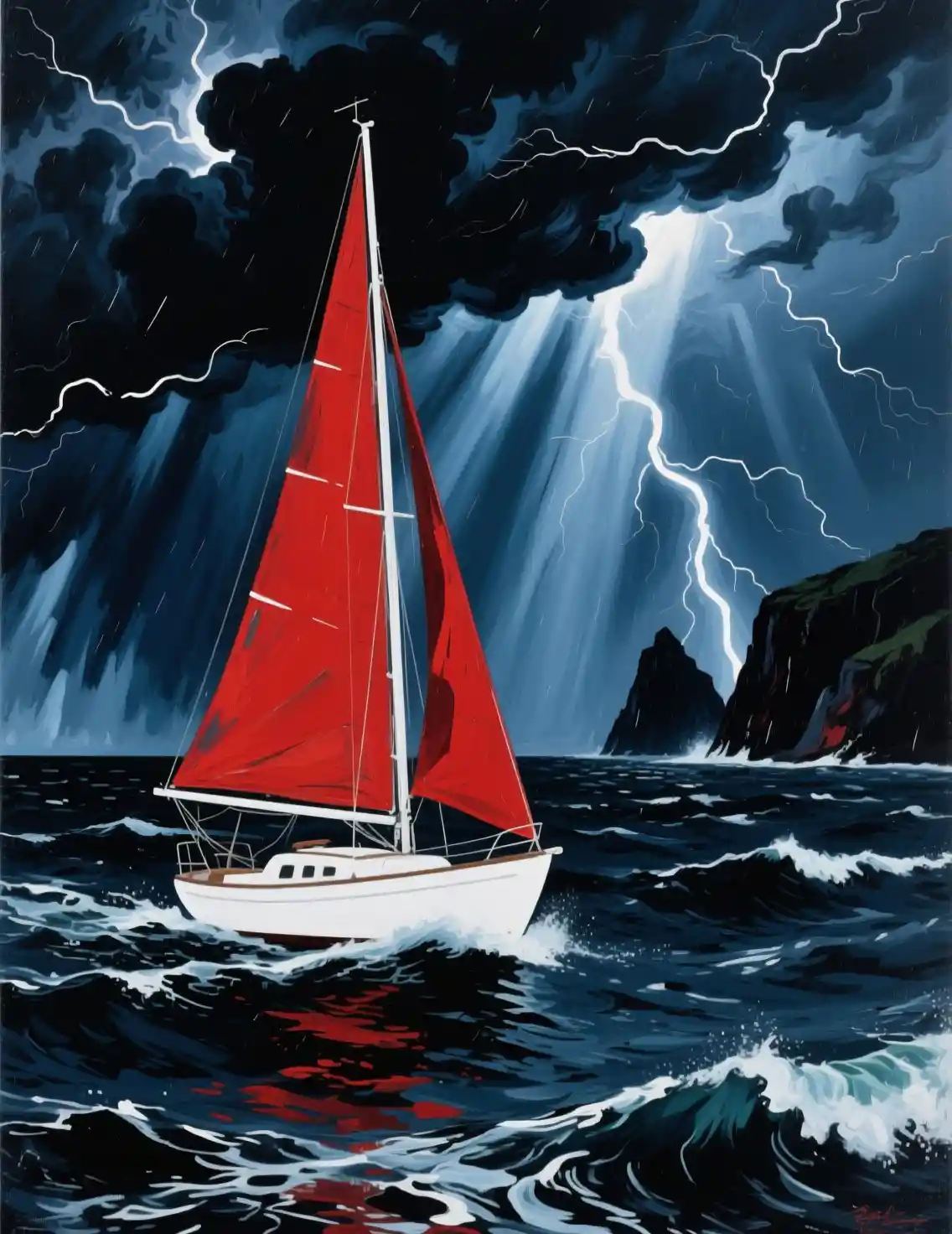 Red sailed boat in stormy expressionist ocean scene