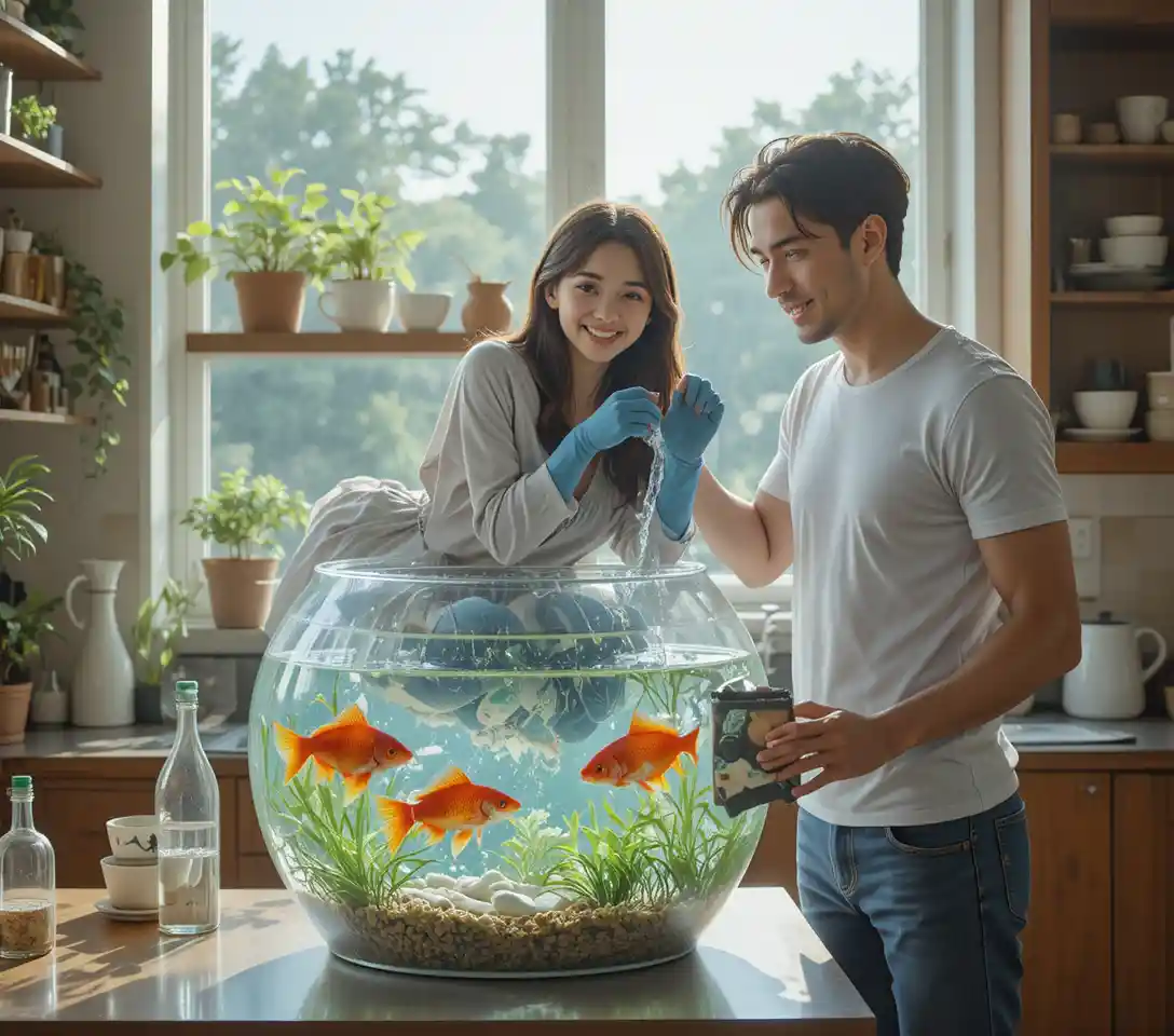 Woman cleaning aquarium in a cozy sunlit kitchen