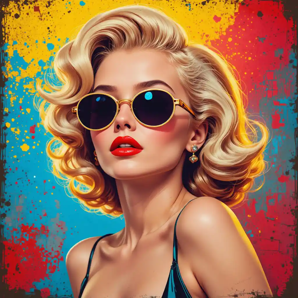 Mulher loira em estilo pop art de óculos de sol com fundo abstrato colorido