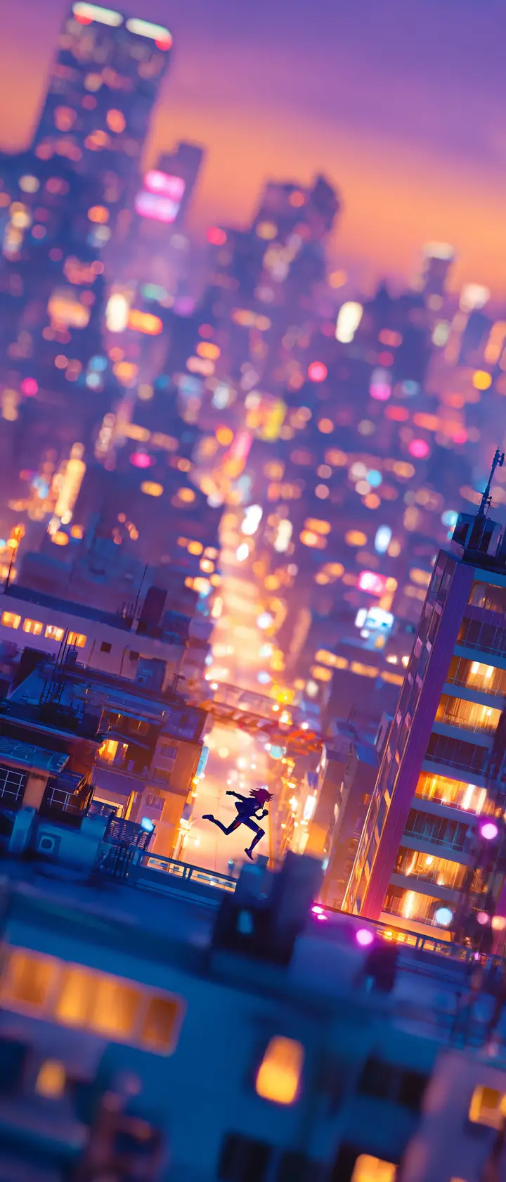 Anime heroes sprint across a rooftop city chase