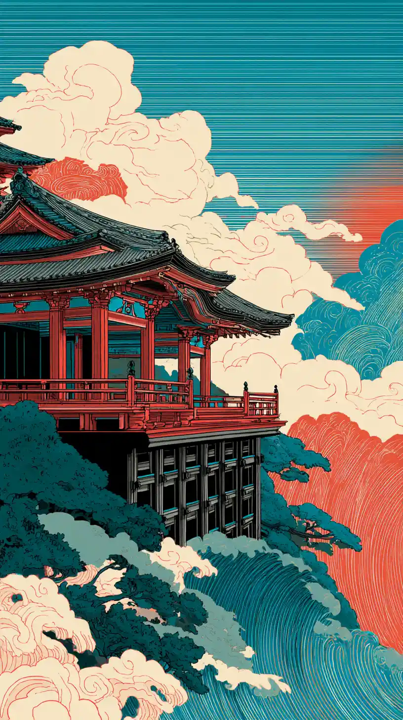 Terrazza di tempio ukiyo-e con vista su un fianco di montagna avvolto nella nebbia