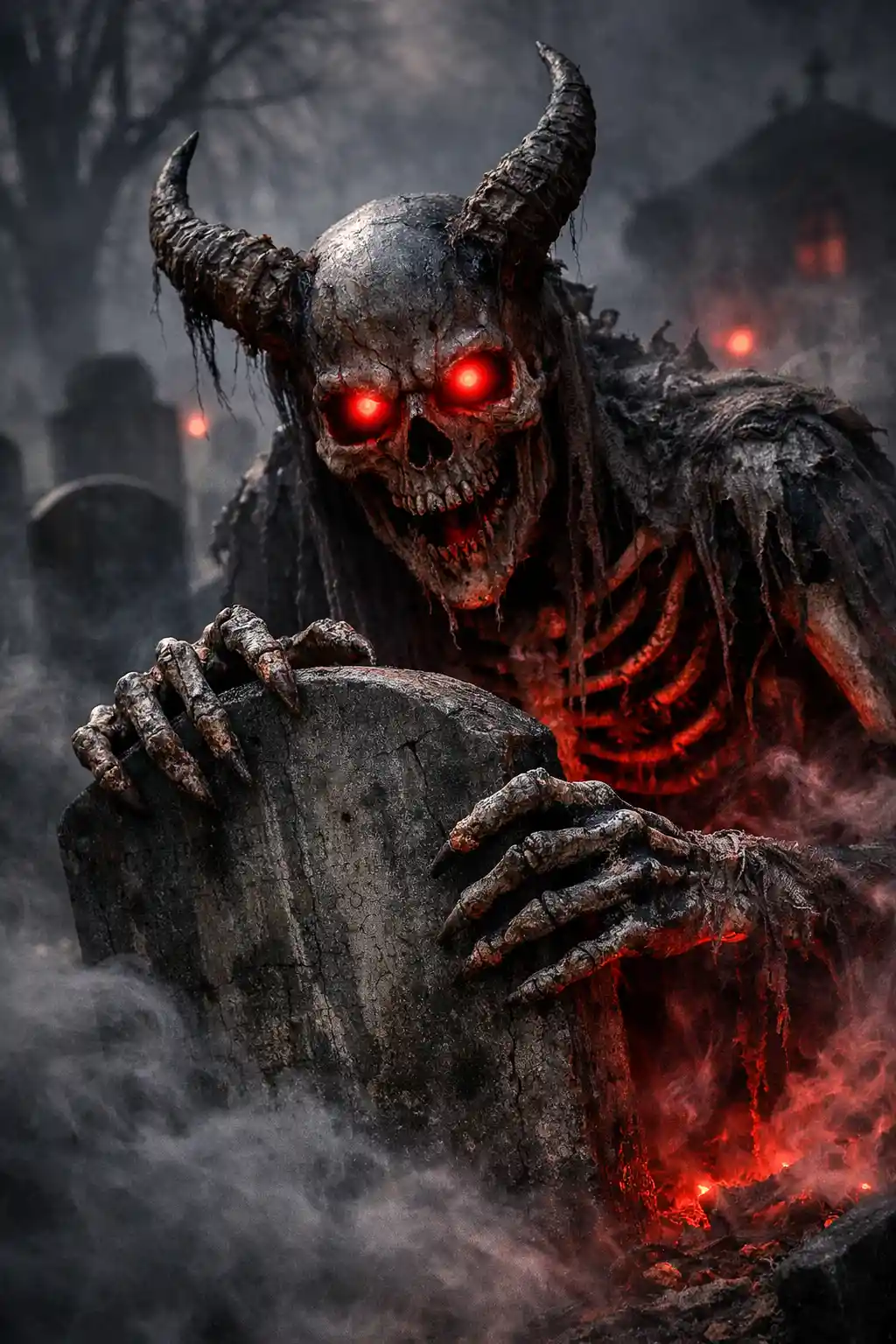 Sinister skeletal figure with glowing red eyes in graveyard fog