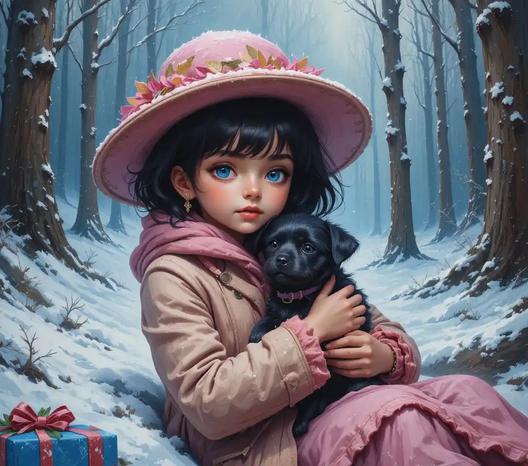 Ragazza con cappotto rosa che abbraccia un cane in una foresta innevata