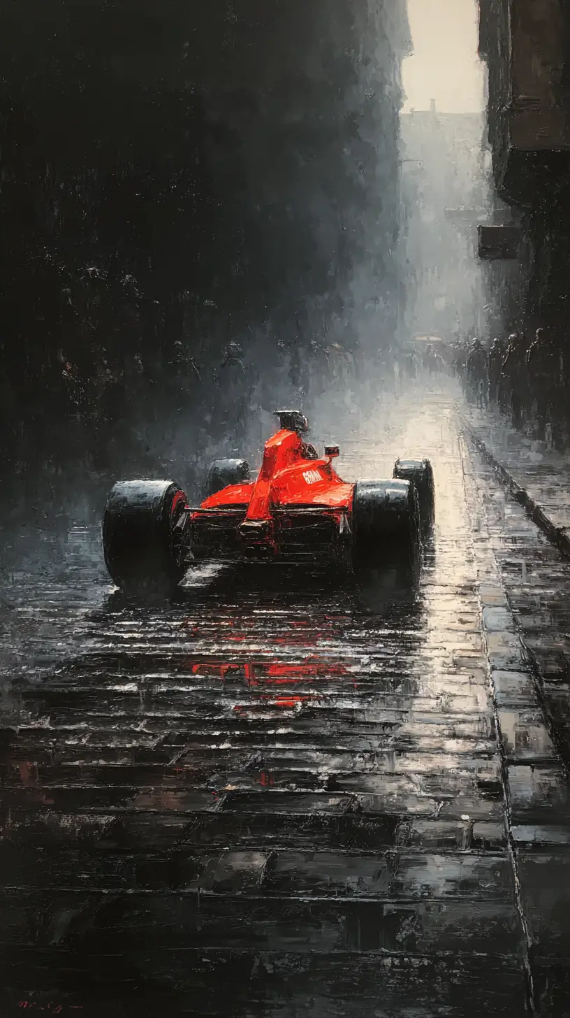 Red formula race car drifting on wet cobblestone street