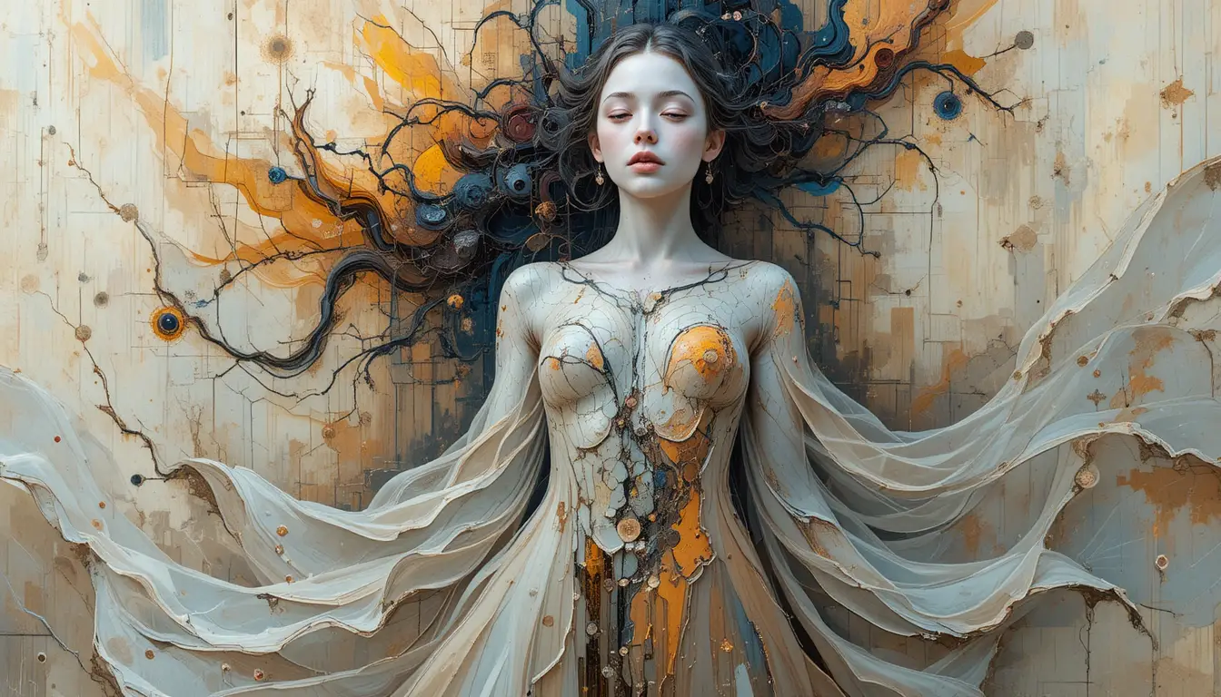 Ethereal woman in a surreal abstract realm of dissolving time