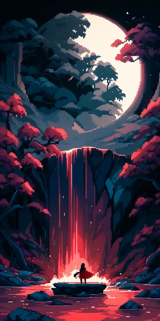 Girl in red by moonlit waterfall in pixel art scene
