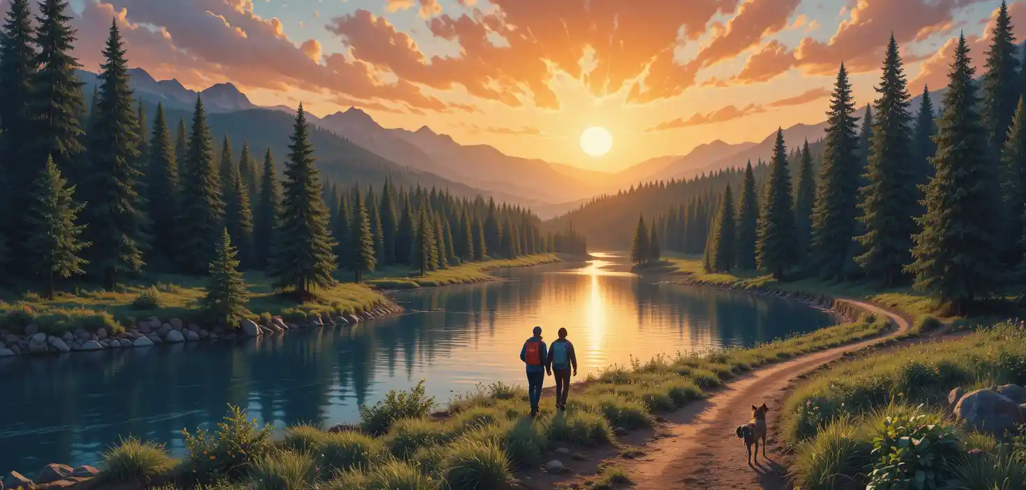 Sunset forest landscape with stream and hiking couple