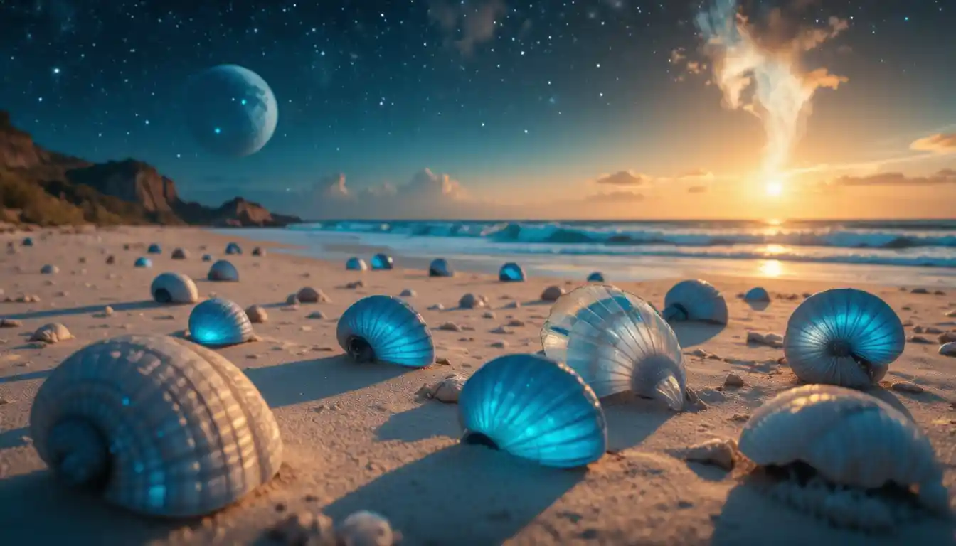 Paisaje de playa alienígena con conchas brillantes y planetas lejanos