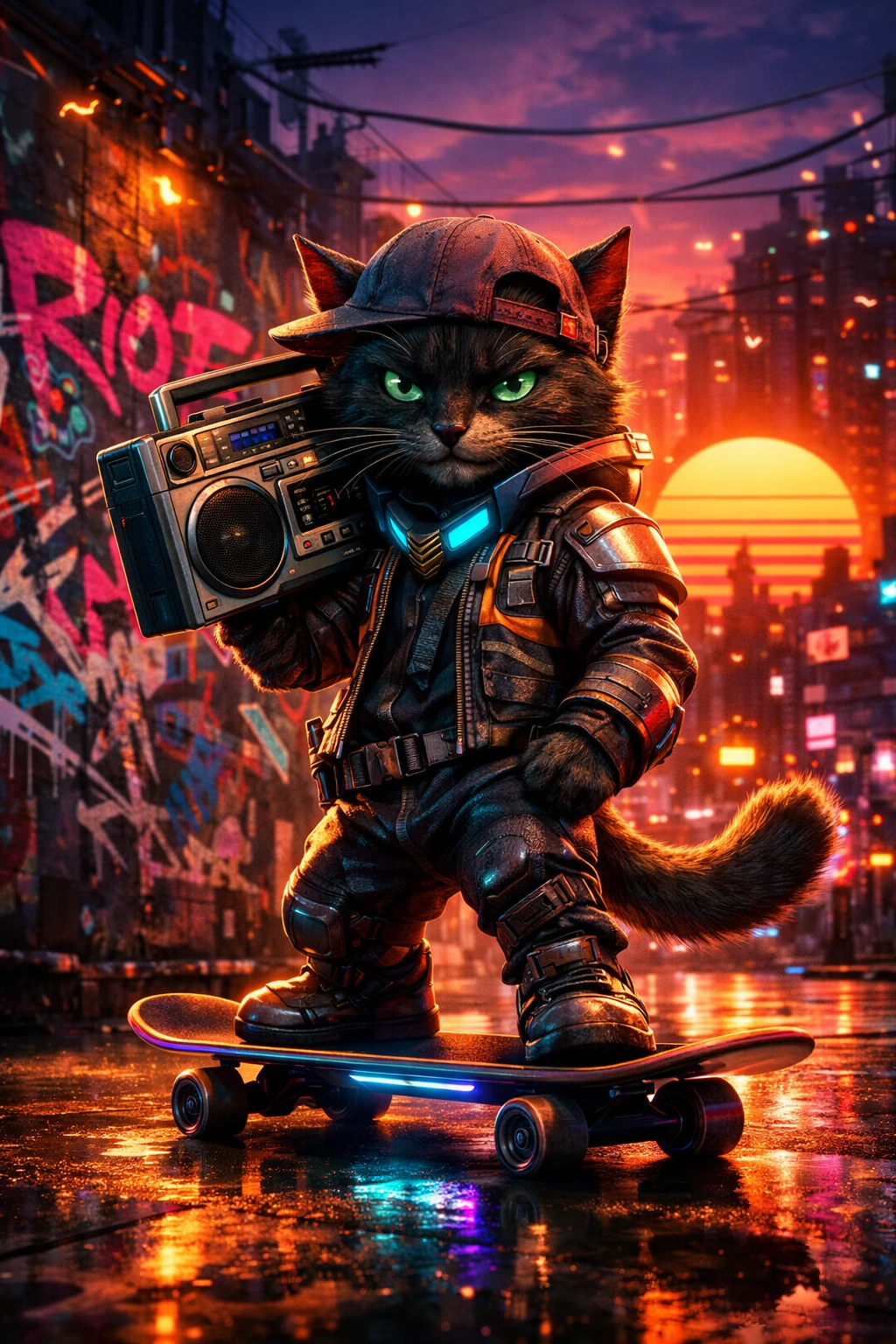 Gatto cyberpunk con skateboard e boombox in un vicolo al neon