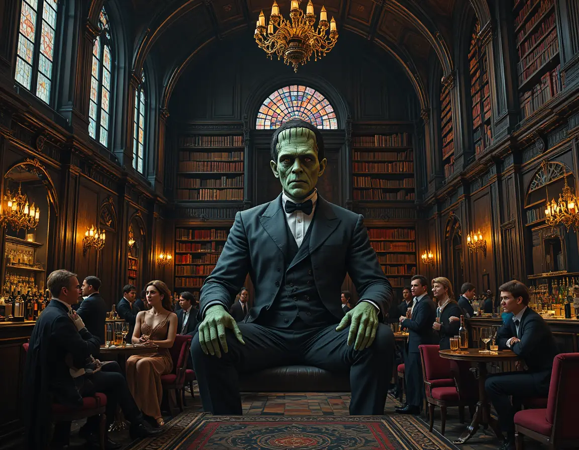 Monstruo de Frankenstein en un opulento bar gótico victoriano