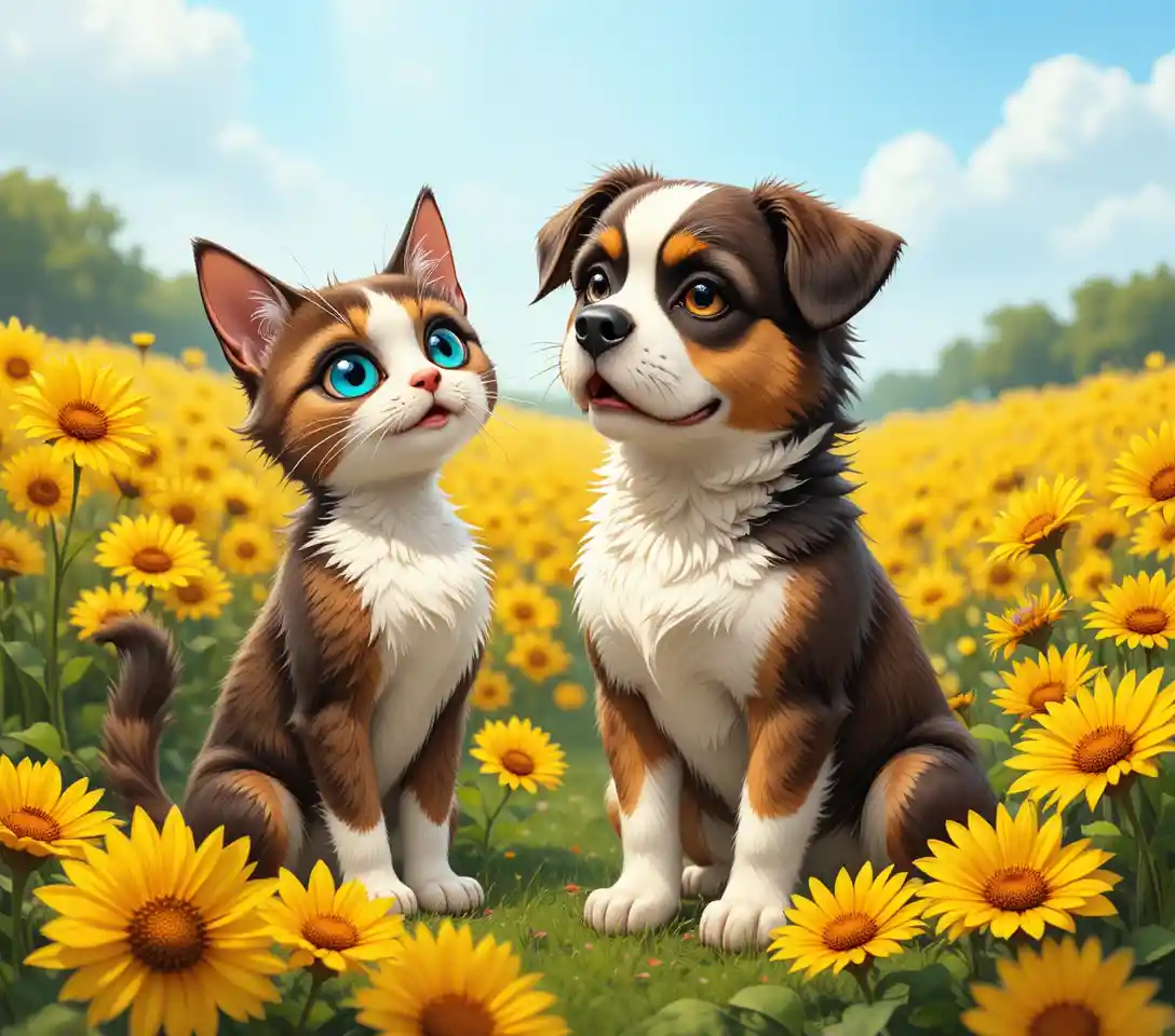 Saint Bernard puppy and kitten in a bright sunflower field
