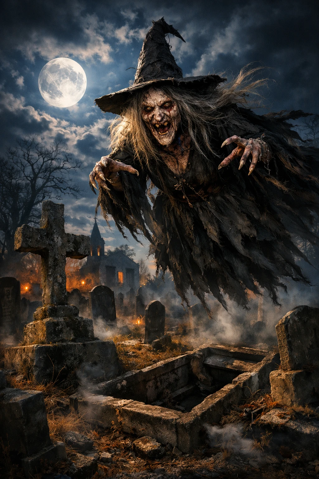 Bruja grotesca flotando sobre tumbas en un cementerio iluminado por la luna