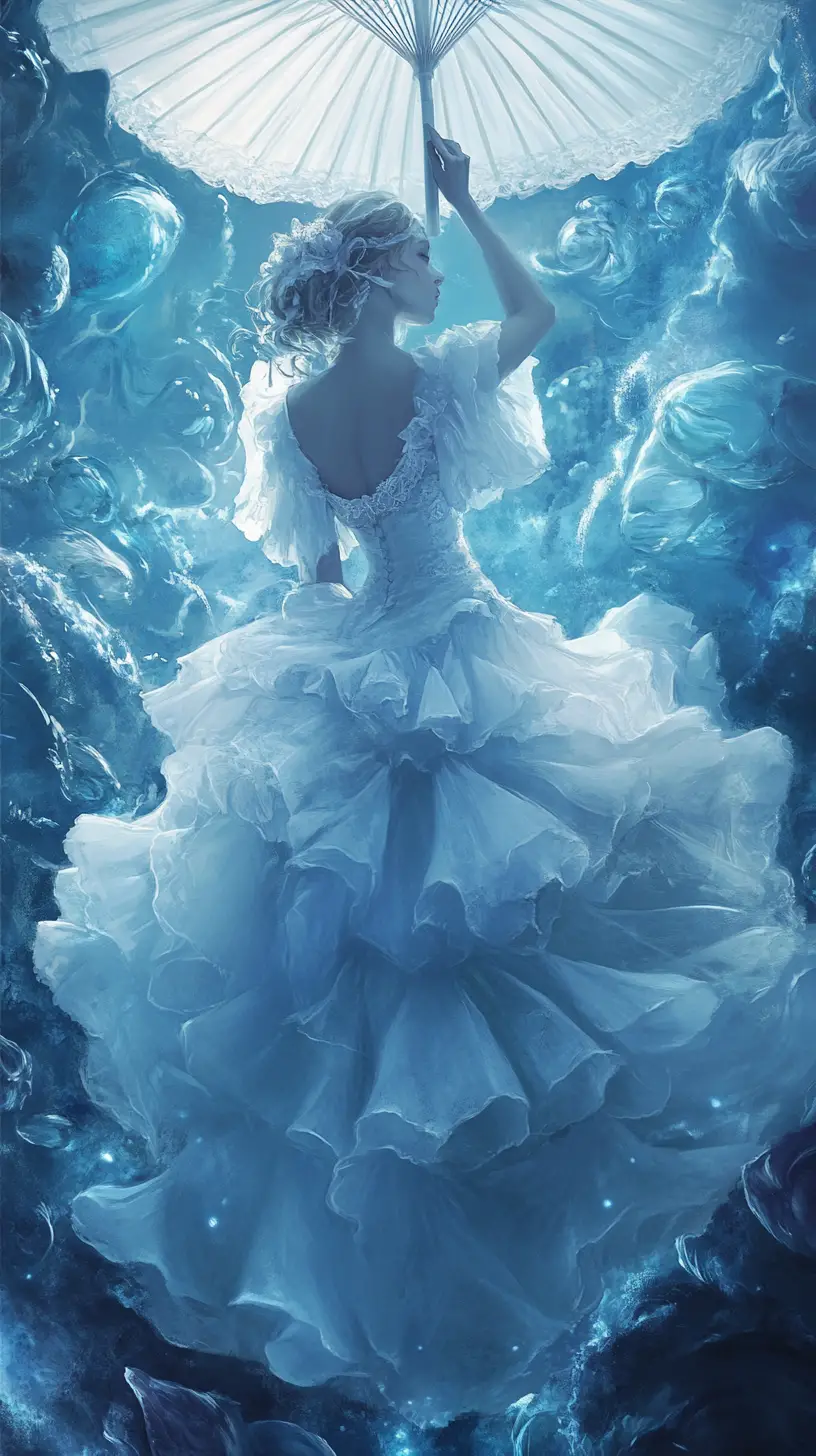 Ethereal woman in white gown with parasol in blue dreamscape