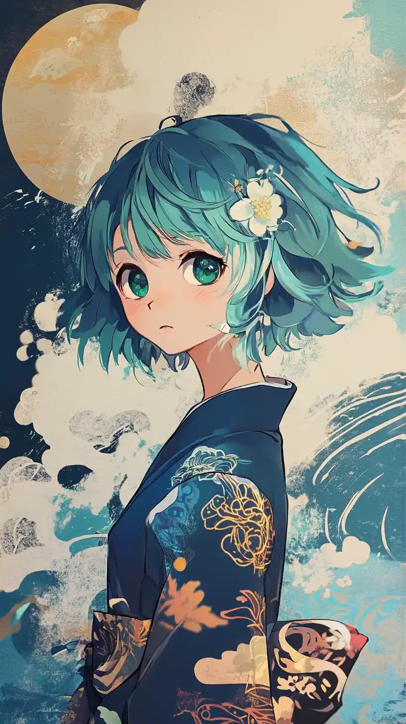 Anime girl in blue kimono with abstract flowing background