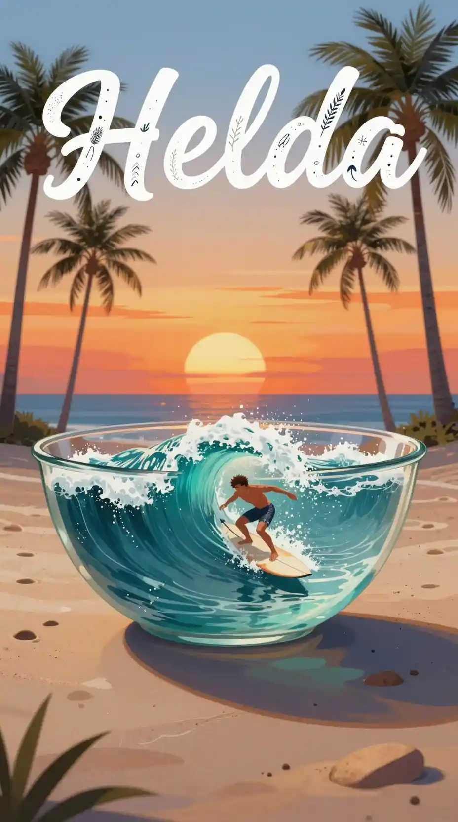 Sunset beach scene with glass bowl and surfer wave