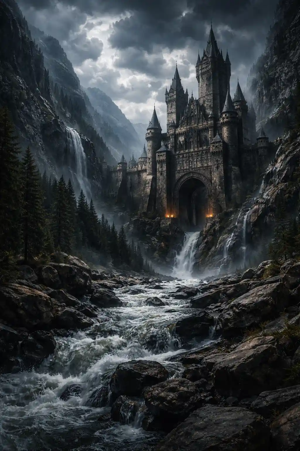 Oscuro castillo medieval que bloquea un escarpado desfiladero de montaña