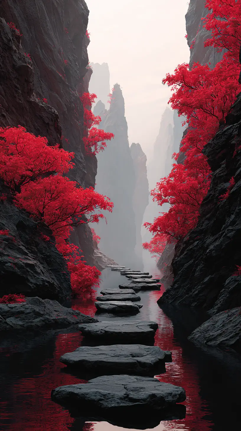Mist shrouded canyon with red cliffs and dark waterway