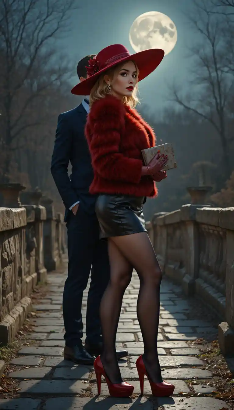 Femme élégante en rouge près d’un pont de pierre au clair de lune