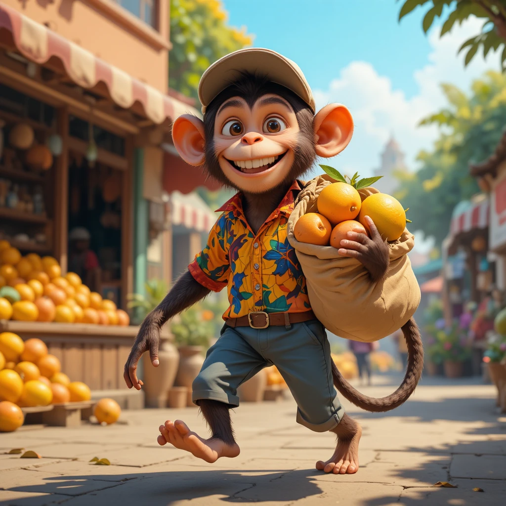 Playful monkey with mangoes in a colorful street scene