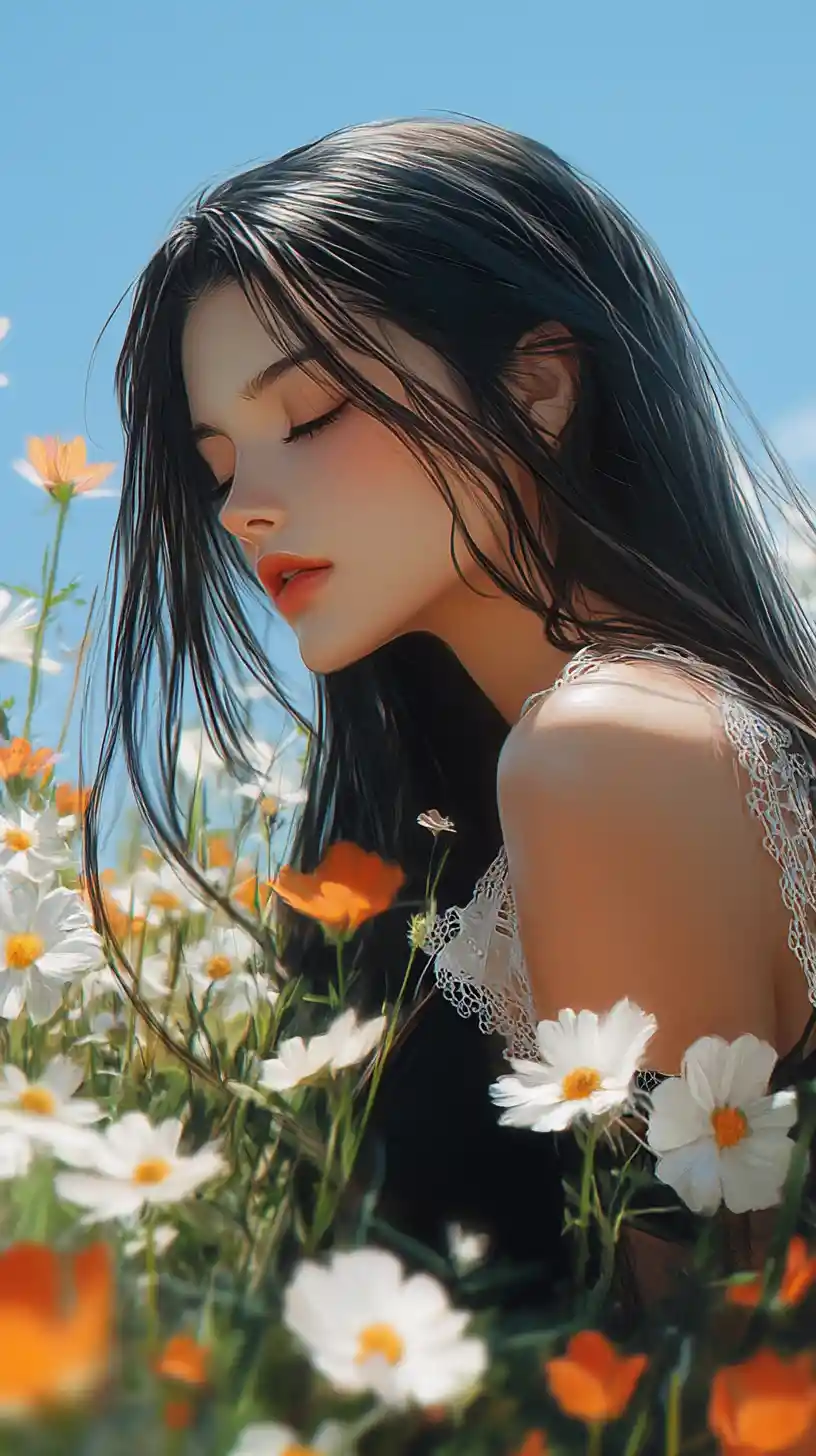 Anime girl leaning toward flowers in a sunny field