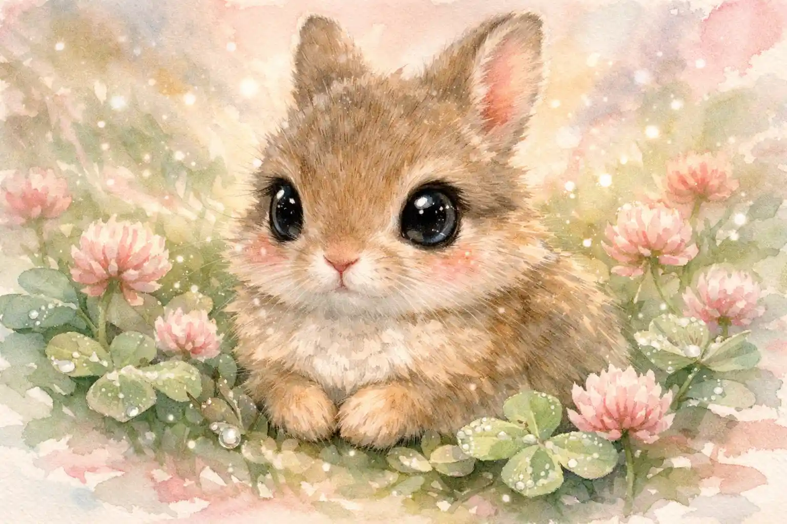 Baby rabbit resting in clover in a sunlit meadow