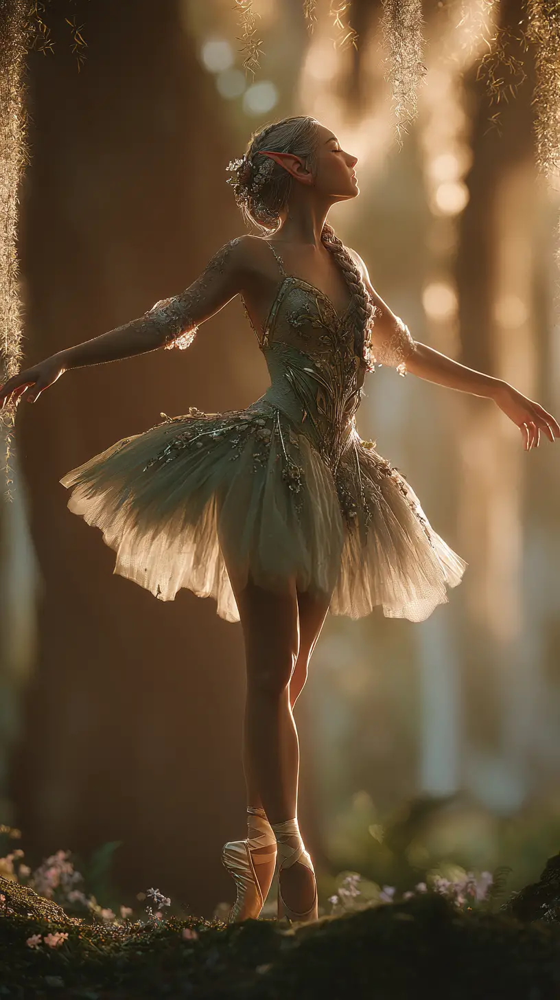 Ethereal elven ballerina dancing in a sunlit forest clearing