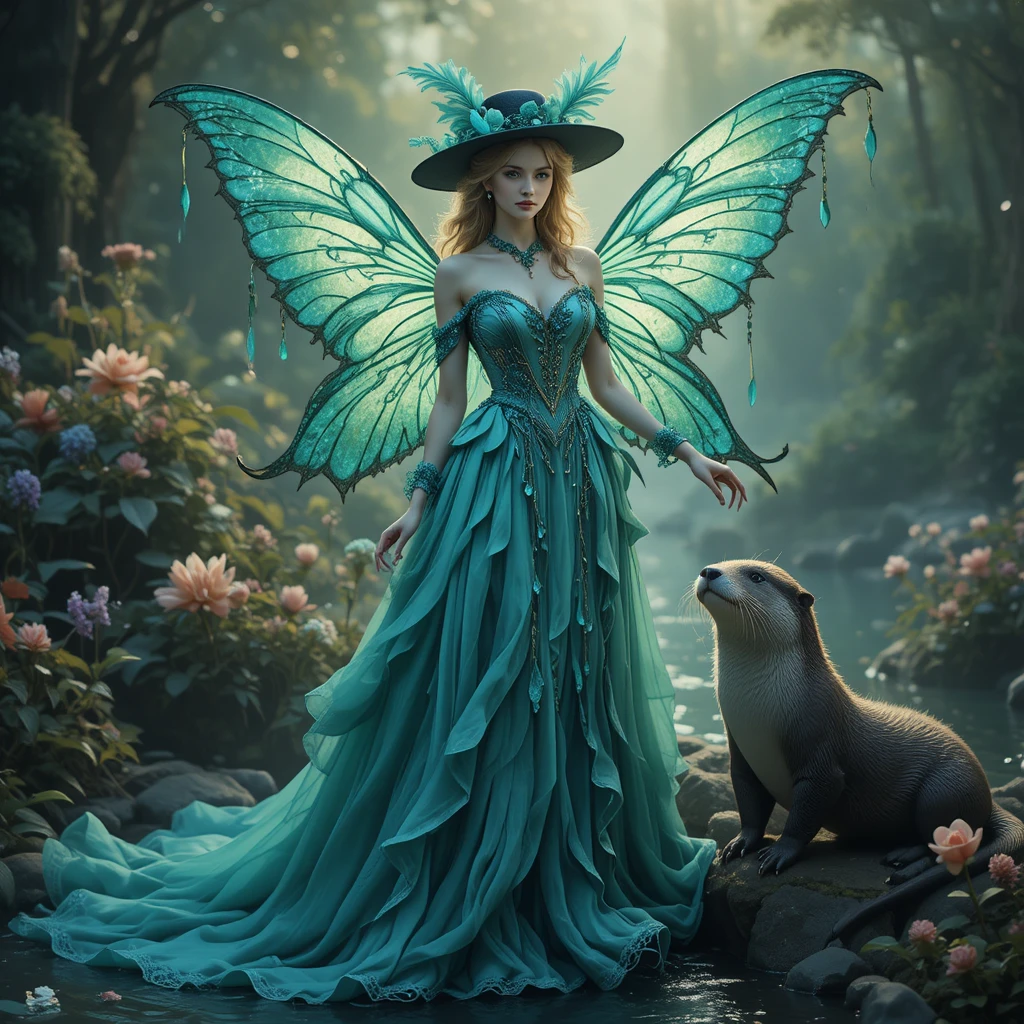 Victorian fairy queen beside a playful sea otter