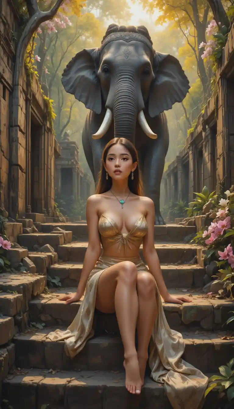 Femme élégante sur des marches en pierre dans un ancien temple de jungle