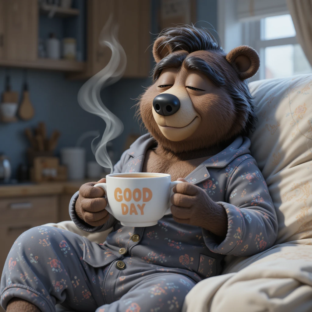 Orso assonnato in pigiama con una tazza di caffè in una cucina accogliente