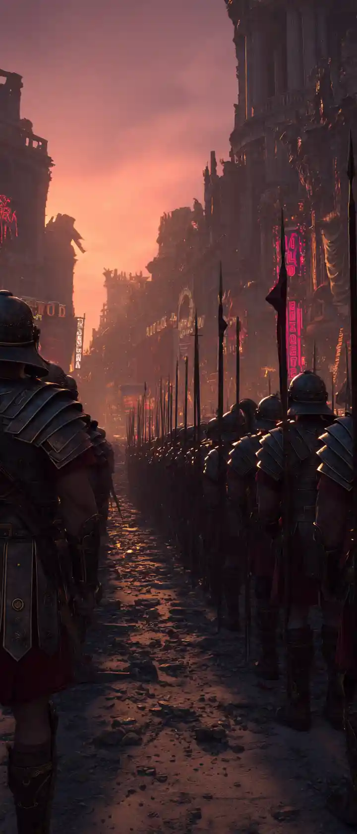 Roman legion marching through ruined Las Vegas at dusk