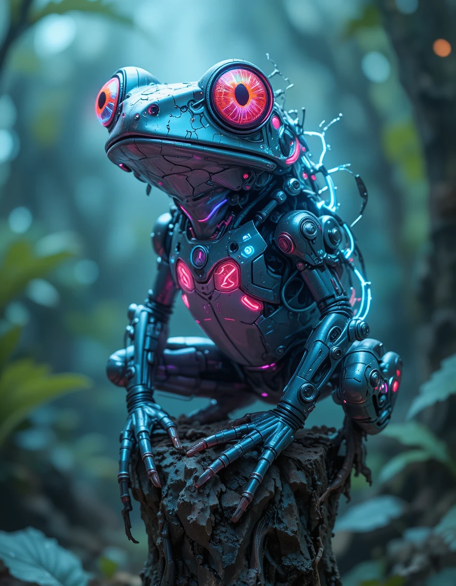 Cybernetic tree frog with glowing neon mechanical exoskeleton