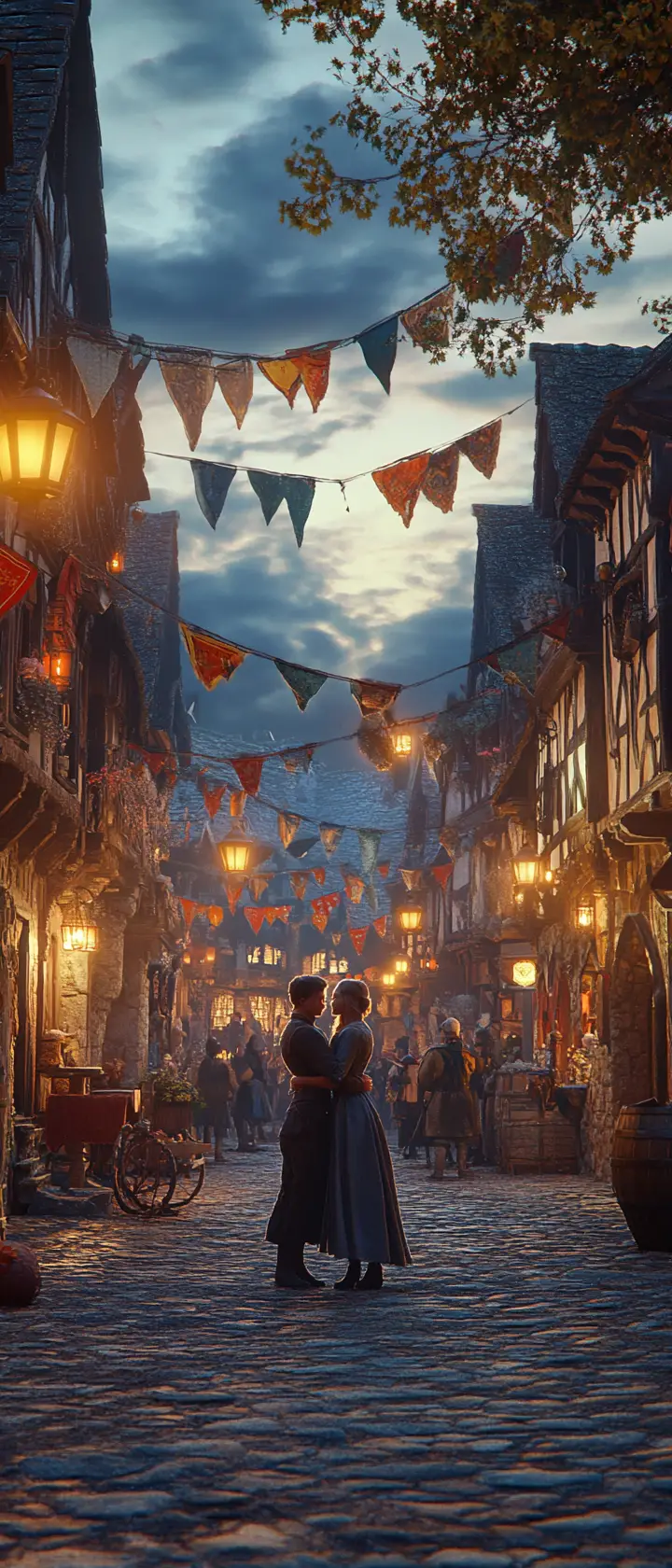 Romantic couple dancing in a medieval village square at dusk