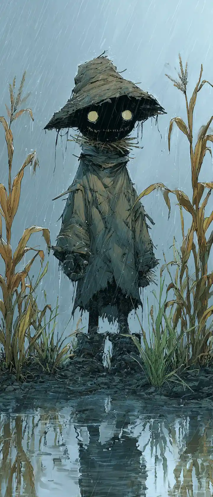 Melancholic anime scarecrow watching a rainy cornfield